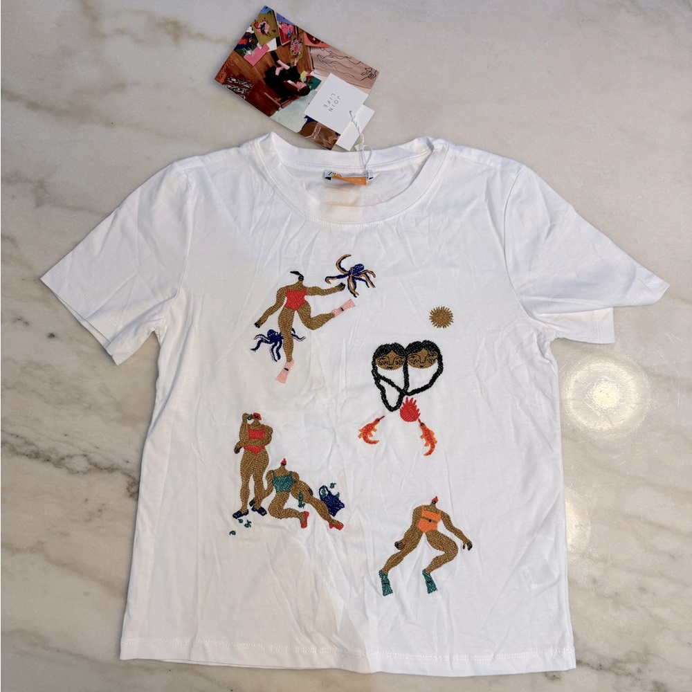 Zara NWT Dina Join Life Embroidered Graphics White T-Shirt - Size Small